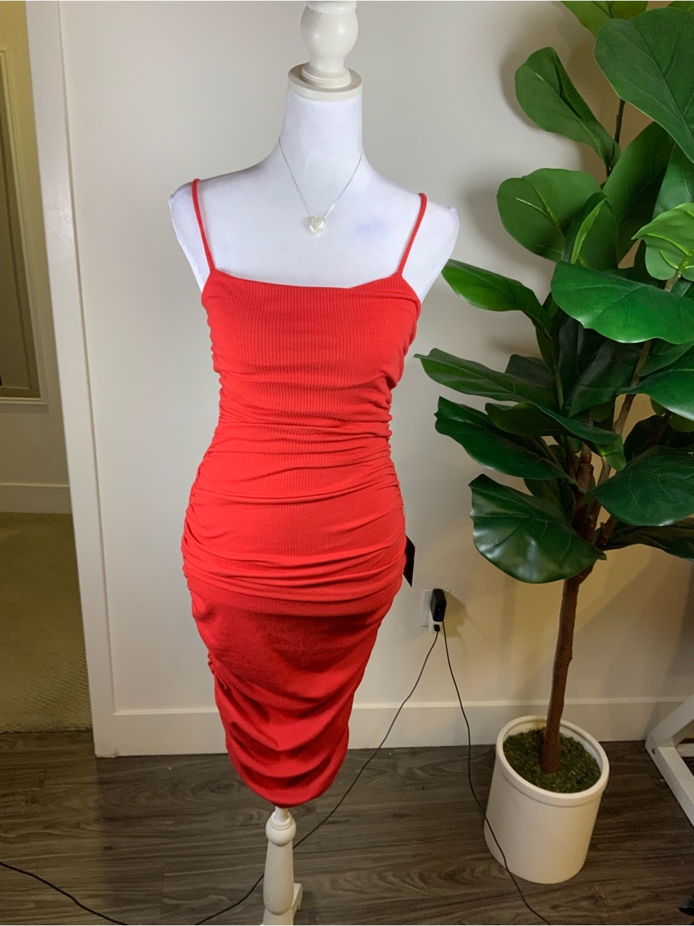 Lulu's Vibrant Red Ruched Spaghetti Strap Midi Dress